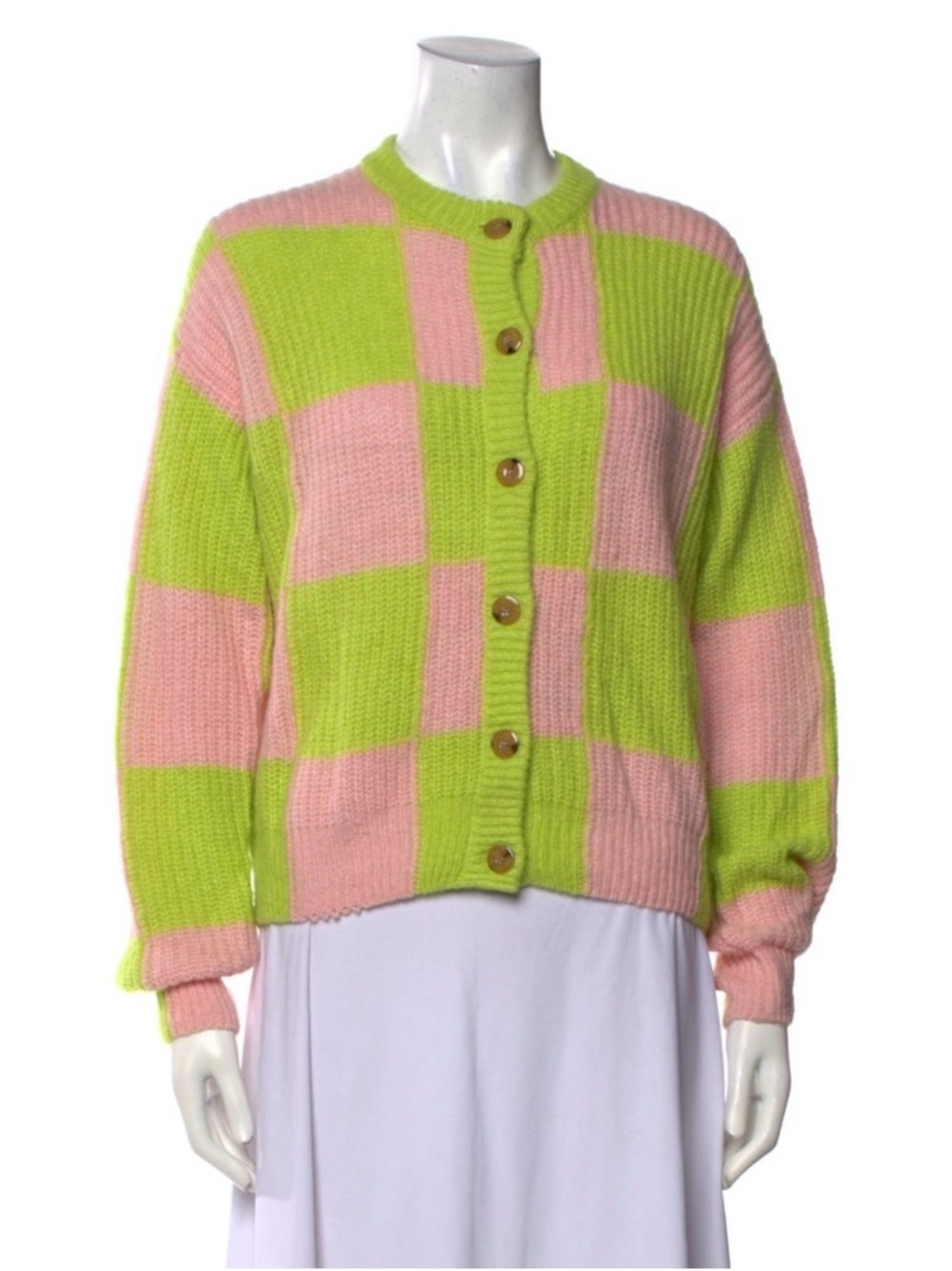 STINE GOYA Checkerboard Button-Up Cardigan in Pink & Lime plaid crewneck sweater - Picture 9 of 9